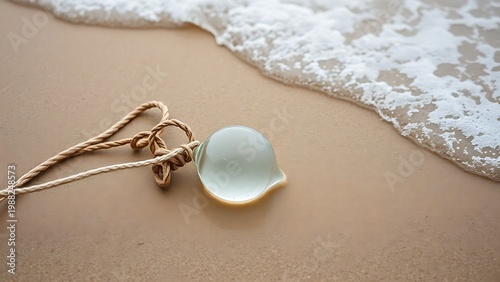amphibole. A solitary glass fishing float half-buried in wet sand, tangled with old rope, gentle waves nearby. travel magazines, destination branding, designed for travel destination branding.