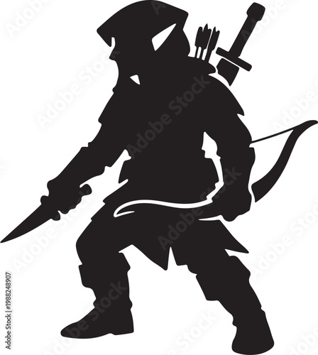 Fantasy ranger silhouette equipped with bow arrows and sword for woodland scout or elven warrior character concept.