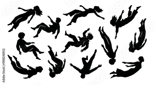 People Falling and Floating Silhouette Icon Set Minimalist Black Vector Illustration for Creative Concept and Motion Design