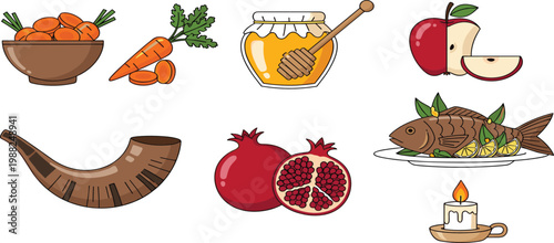 Rosh Hashanah symbol vector set featuring shofar honey jar pomegranate apple slices fish and candle icons for Jewish New Year in flat minimalist style