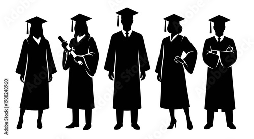 Graduation Student Silhouette Icon Set Minimalist Black Vector Illustration for Academic Achievement and Education Branding