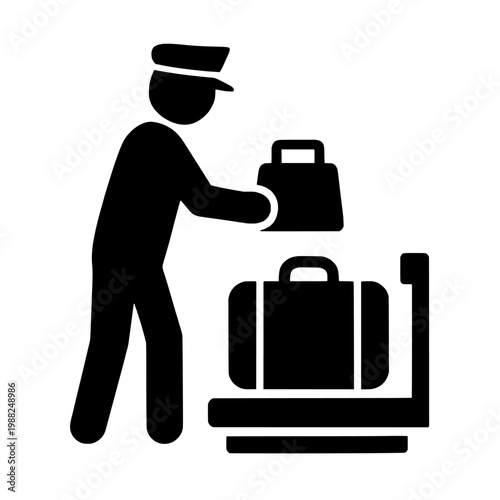 Black silhouette of a porter putting a luggage on a cart