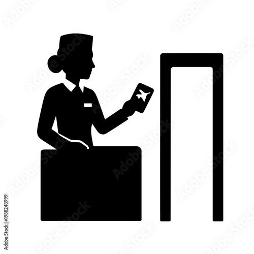 Silhouette of airport staff checking a boarding pass with a plane icon on it