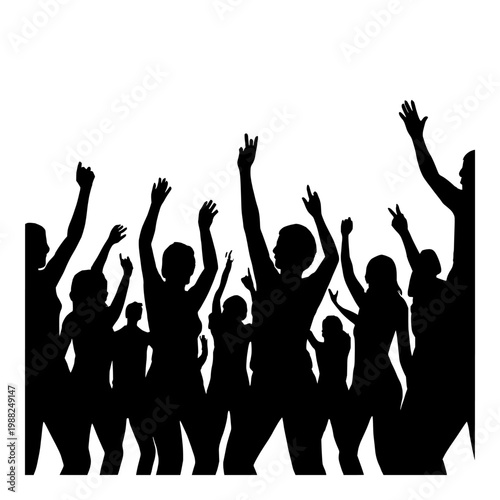 Black silhouettes of people with hands raised in celebration