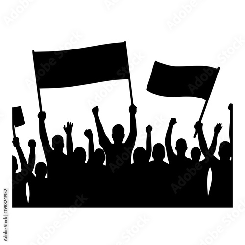 Black silhouettes of people holding flags and raising fists