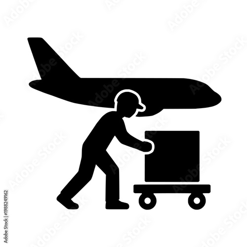 Black silhouette of a man pushing a luggage cart with a plane overhead