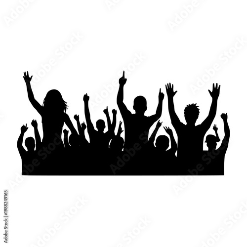 Silhouette of a cheering crowd with raised hands