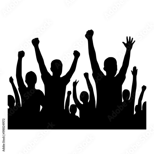 Silhouette of a crowd of people with raised arms in celebration