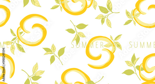 Summer citrus pattern, yellow lemon swirls, green leaves, seamless background, vector design