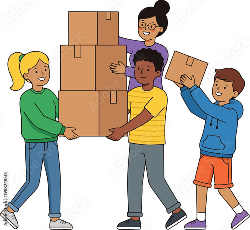 Vector illustration of a diverse group of people carrying stacked boxes together, representing teamwork, moving, and collaboration.