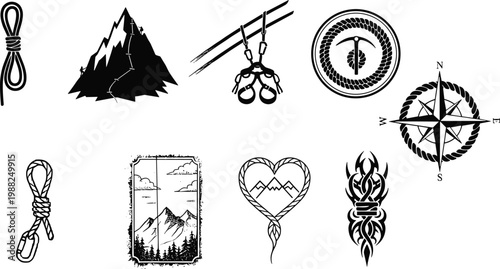 Climbing rope icons, mountaineering equipment silhouettes, mountain adventure graphics, compass rose design, outdoor exploration symbols, hiking achievement illustration, black white vector