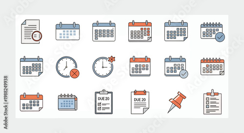 Calendar icons and time symbols.