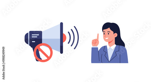 A businesswoman gesturing silence next to a forbidden megaphone symbol. EPS Editable. Vector Illustrations.