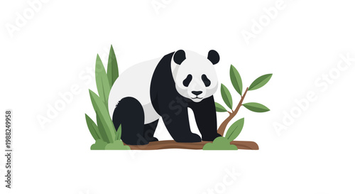 A detailed illustration of a cute giant panda standing on a log. EPS Editable. Vector Illustrations.