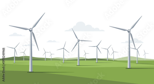 A field of modern wind turbines generating sustainable green energy. EPS Editable. Vector Illustrations.