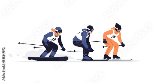 A diverse group of athletes competing in winter sports including skiing and snowboarding. EPS Editable. Vector Illustrations.