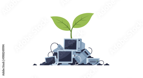 A green plant growing out of a pile of discarded old computer monitors. EPS Editable. Vector Illustrations.