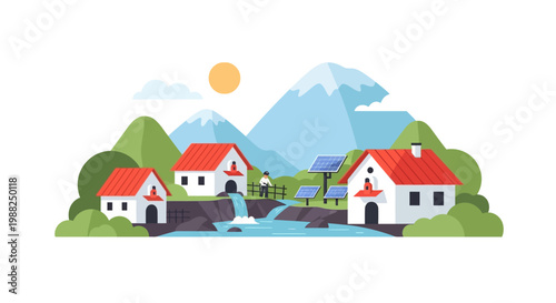 A small eco friendly village with red roof houses and solar panels. EPS Editable. Vector Illustrations.