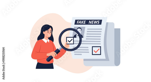 A woman investigating fake news using a magnifying glass to check facts. EPS Editable. Vector Illustrations.