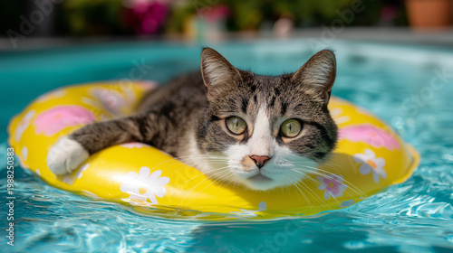 cat is relaxing in a pool ring,summer