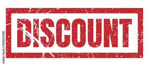 Discount, grunge rubber stamp with distressed texture, red ink rectangular sign, sale promotion icon, weathered price mark, vintage offer symbol.