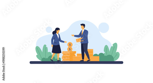 Business people standing around a large stack of gold coins. EPS Editable. Vector Illustrations.