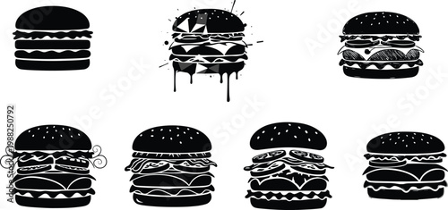 Hamburger icons, fast food graphics, cheeseburger illustration, sandwich silhouette design, tasty meal vector, junk food symbol, black white art