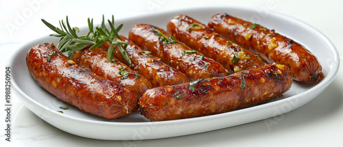 Fried sausages with herbs on a white plate look appetising and serve as a backdrop for food or cooking.
