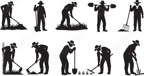 Black silhouette farm worker icons, gardening tools, agricultural laborer set, 10 vector graphics