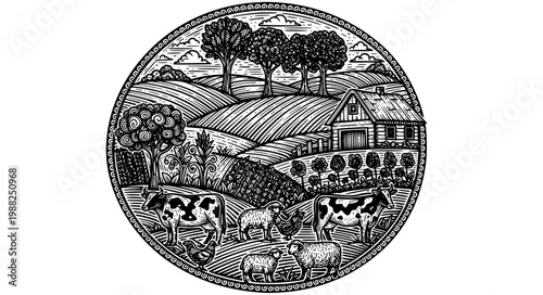 Farm landscape woodcut vector in circular cordel literature style rural emblem isolated on white