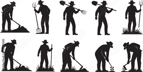 Farm worker silhouettes, gardening icons, agriculture illustrations, black vector set