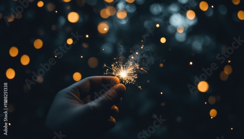 Hand Holding Sparkling Firework at Night.