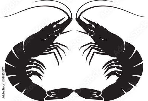 Black shrimp icon, seafood symbol, crustacean logo, vector illustration