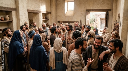 Group of disciples and woman gathering in upper room for prayer. Acts of the Apostles, biblical scene depicting early Christian community meeting. Historical religious historical reenactment.