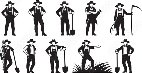 Farm worker icons, black silhouette set, 10 gardening men, vector illustrations