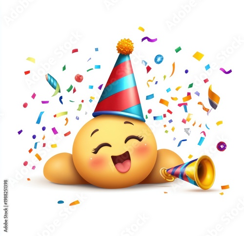 Happy Emoji Celebrating with Party Hat and Confetti.
