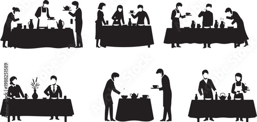 Dinner, restaurant, people, table, service, waiter, vector icons, 8 illustrations