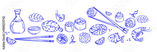 Sushi line art set with Japanese food icons rolls nigiri chopsticks shrimp fish soy sauce and seafood elements for menu design restaurant branding packaging kitchen decor and culinary .Vector