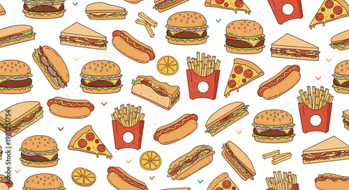Massive seamless background pattern featuring a variety of fast food items like burgers, pizza, hot dogs, and fries.