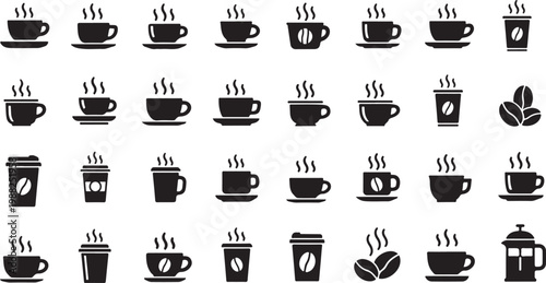 Coffee cup icons, black coffee symbols, hot beverage signs, 30 steaming mug graphics