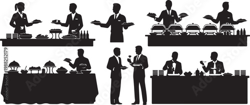 Black silhouettes, waiter, catering staff, food service, restaurant workers, 8 icons