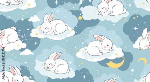 Whimsical seamless pattern with white rabbits sleeping peacefully on fluffy clouds in a starry night sky.
