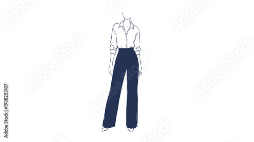Minimalist Fashion Illustration of a Woman Wearing a Button Down Shirt and High Waisted Trousers.