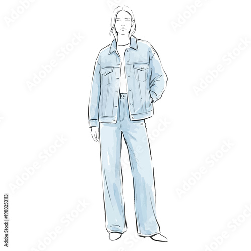 Fashion illustration of a woman wearing a denim jacket and matching jeans.
