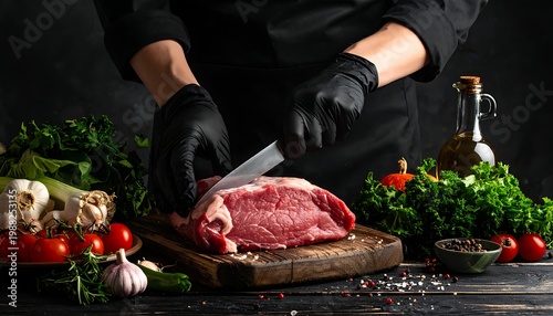 Chef prepares raw meat