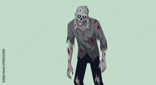 Menacing cartoon zombie character with grey skin and bloody clothes walking forward slowly on a pale green background.