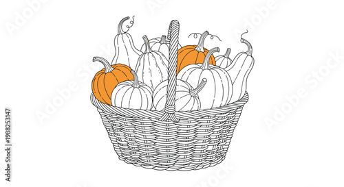 Detailed hand drawn sketch of a rustic wicker basket overflowing with various pumpkins and squash for autumn harvest.