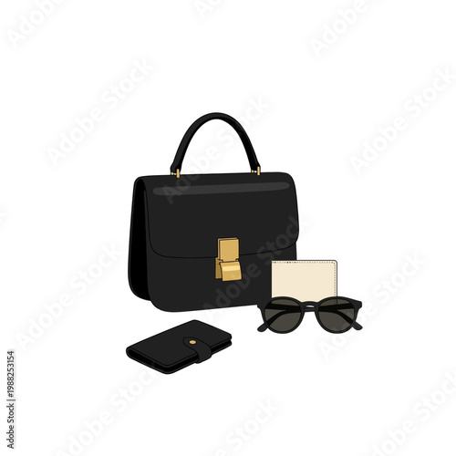 Fashionable Black Leather Handbag with Matching Wallet and Sunglasses.