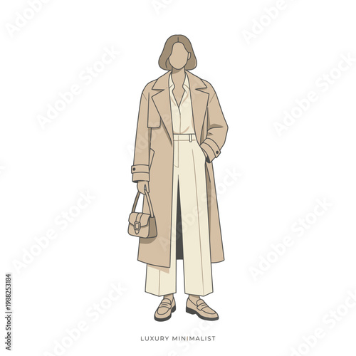 Minimalist Fashion Illustration Featuring A Woman In A Beige Trench Coat.