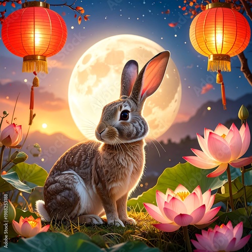 Rabbit amidst moonlit lotus flowers and lanterns